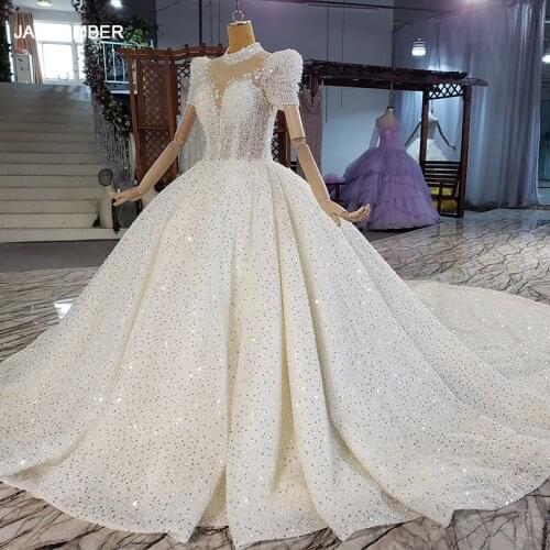 HTL2169 White Shiny Turtleneck Wedding Dress Bridal Party Gown Pearl Embroidery Metal Sequins Short Sleeve платье свадебное