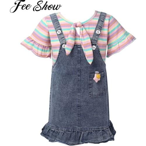 Infant Baby Girls Clothing Set Ruffle Short Sleeve Rainbow Stripe Top Suspender Denim Skirt Star Hair Clip Toddler Baby Outfits