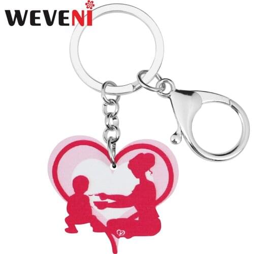 WEVENI Mothers Day Acrylic Sweet Red Heart Shape Keychains Ring Fashion Purse Car Key Chain Charms Gifts Jewelry For Women Girls