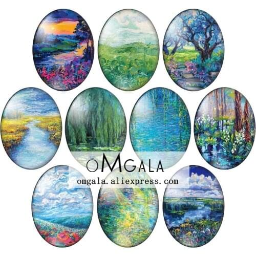New Landscape Oil Paintings 10pcs 13x18mm/18x25mm/30x40mm Oval photo glass cabochon demo flat back Making findings