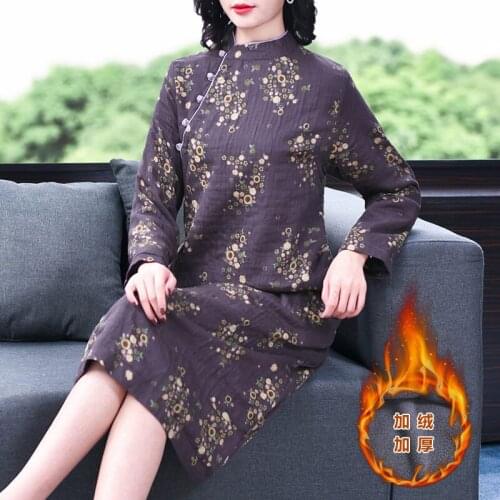 Autumn Winter Retro Plus Velvet Cotton and Linen Dress Midi Improved Cheongsam Ethnic Style Womens Loose Thick RobeFloral y379