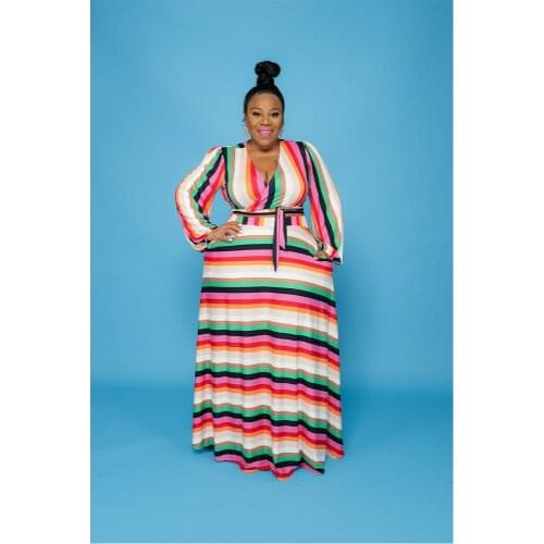 ChocoMisty-LadyPlus Plus-size Dresses Irregular Stripe Print V Neck Women Maxi Dress GJ7806