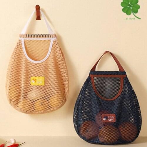 Hanging Mesh Bag Kitchen Wall-mounted Fruits and Vegetables Storage Bag Portable Shopping Bag Breathable Carrying Pocket