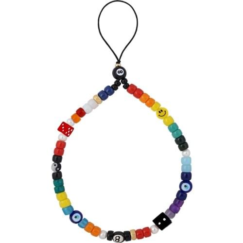 Evil eye bead shell gossip resin square dice beaded Chain For Phone Mobile Phone Lanyard Smile Cell Phone String Wristband