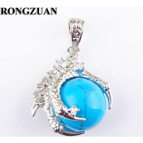 RONGZUAN Natural Blue Turquoises Gem Stone Round Ball Bead Dragon Claw Crystal Pendant Necklace 18" Chain Jewelry TN3109