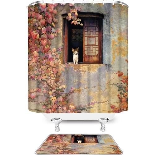 Nordic Garden Flowers Scenery Shower Curtains Rural Ldyllic Window Cat View Bathroom Curtains With Hook Waterproof Bathtub Decor