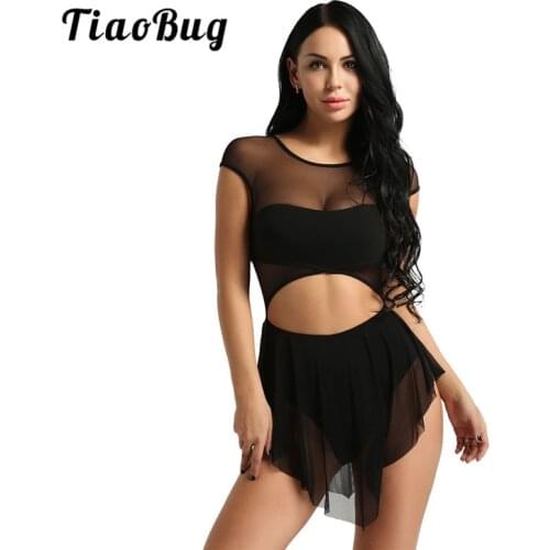 TiaoBug Women Sleeveless O Neck Mesh Cutout Asymmetrical Ballet Tutu Dress Adult Gymnastics Leotard Ballerina Bodysuit Dancewear