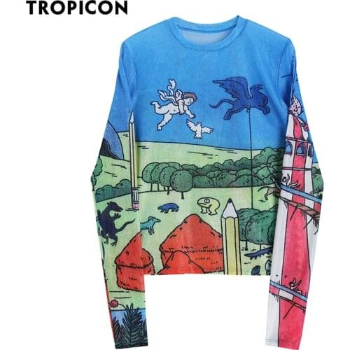 TROPICON Cupid Mesh Top Long Sleeve Tees Graphic T Shirt Women See Through Sheer Basic Tshirt Underwear Spring Summer Fashion