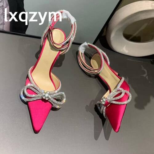 Crystal Bowknot Wedding Shoes Women Sweet Satin Rhinestone High Heel Woman Sandals Pointed Toe Slingback Stilettos Woman