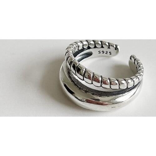 925 Sterling Silver Rings for Women Double Layers Twisted Adjustable Band Punk Statement Antique Thai Silver Vintage Jewelry