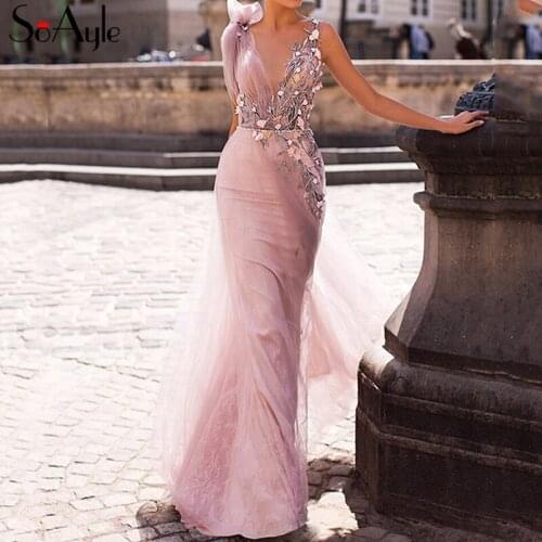 SoAyle V-Neck Tulle Lace Applique Prom Dresses Pink Backless Evening Dresses Gorgeous Formal Gowns