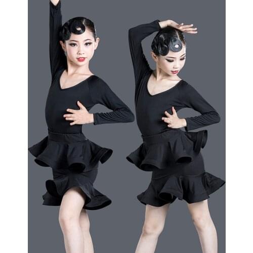 2021 New Children Latin Dance Dress Spring Autumn Long Sleeve Split Leotards Skirts Suit Competition Performance Stage Wear