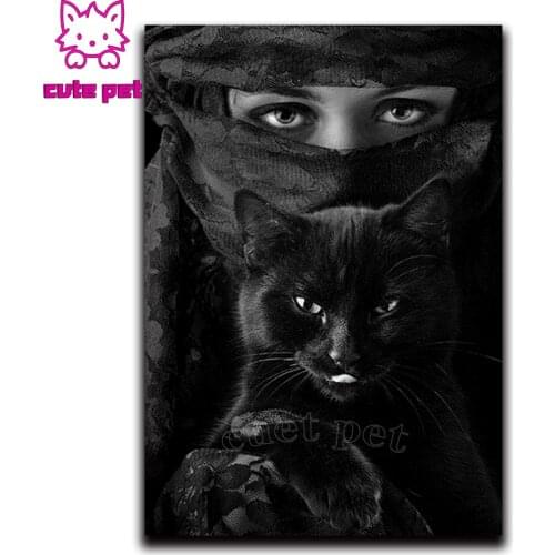 5D DIY diamond painting cross stitch The Islamic woman and the black cat full square round diamond Emeroidery mosaic home decor