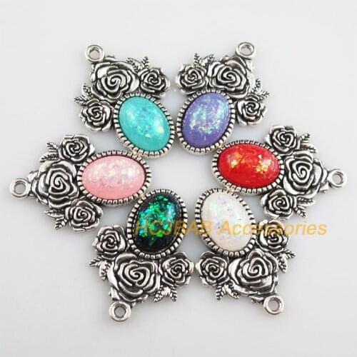 6 New Fashion AB Shivering Oval Flower Resin Mixed Charms Tibetan Silver 23x32mm