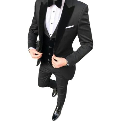 Black Groom Tuxedos Men wedding Suits Velevt Peaked Lapel Man Blazer Jacket Three-Piece Groomsmen Wear Custom Made Party Suit