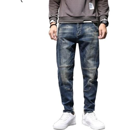 Mens Harem Pants Stretch Casual Denim Men Jeans Pants Blue Loose Fit Wide Leg Tapered Patchwork Jeans Vintage Oversize Trousers