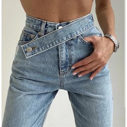 Spring New Women High Waist Denim Jeans Solid Straight Pants Casual Cotton Streetwear Trousers