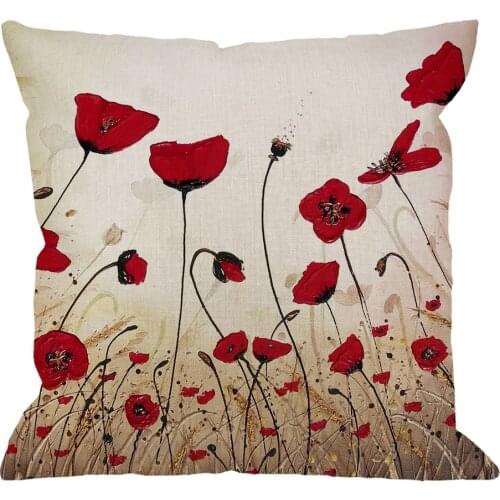 Beautiful Flower Poppy Pillow Case,Red Flower Cotton Linen Cushion Cover Square Pillow Cushion Cover
