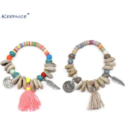 Limited Rolo Chain Women New European Boho Jewelry Handcrafted Bracelets Shell Charm Bracelet With Coin Silk Tassel Strand