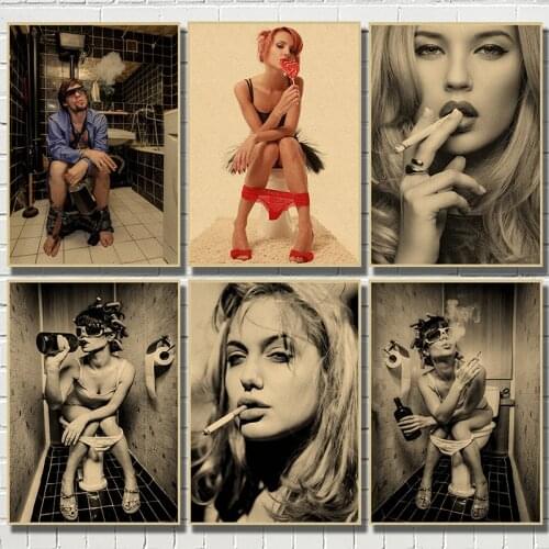 Fashion Toilet Girl Smoking Drink Wall Art Painting Nordic Kraft Posters Wall Pictures For Restroom Bar Decor