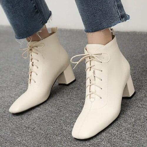 Fashion Lace Up Womens Ankle Boots Autumn Winter Shoes Black Brown Beige Casual Short Boots Women Shoes Large Size 45 46