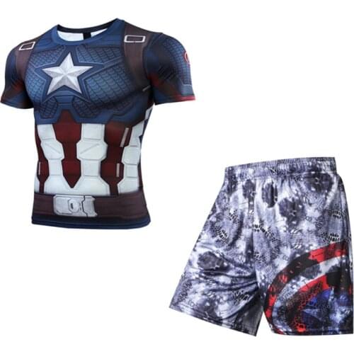 Superhero 3D Print Rashguard Men Sportswear Compression Suits Quick Dry Gym Fitness Running Tracksuits Men T Shirts+Shorts Sets