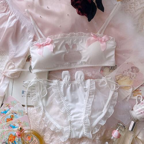 Lolita Underwear Transparent Nightie See Through Bra and Panty Set Women Lingerie Rabbit Sexy Kawaii Cup Bra Seamless Intimate