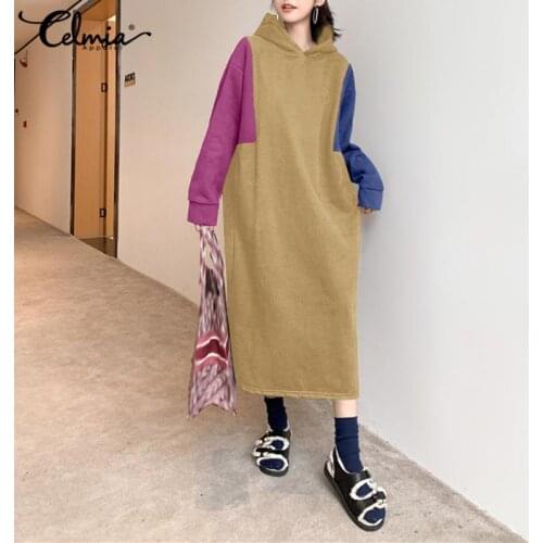 2021 Winter Dress Women Autumn Long Sleeve Hooded Sweatshirt Dresses Celmia Fashion Casual Loose Patchwork Hoodies Midi Dresses