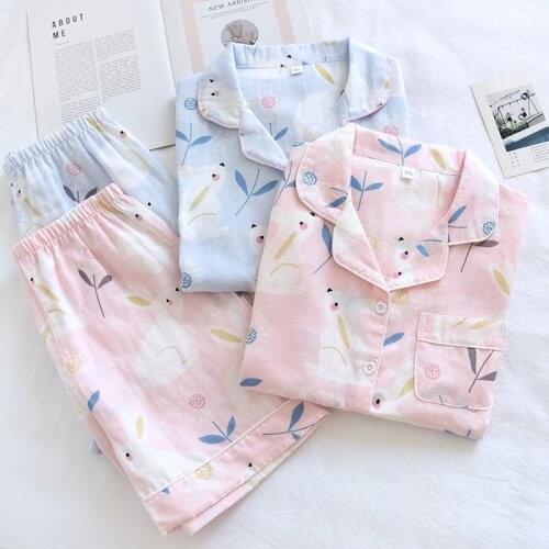 Pajamas Women Cotton Gauze Short-Sleeved Shorts Pajamas Two-Piece Cute Cartoon Summer Thin Plus Size Japanese Homewear Suit