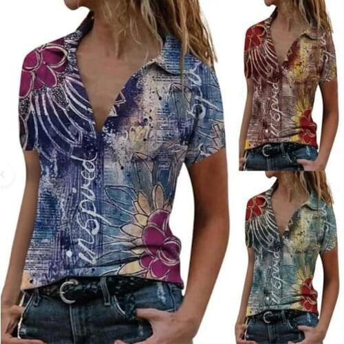 Summer Fashion New Printed Turn-Down Collor Short-Sleeved Casual Loose Fitting Shirt Camisetas De Mujer Tee Shirt Femme Ropa