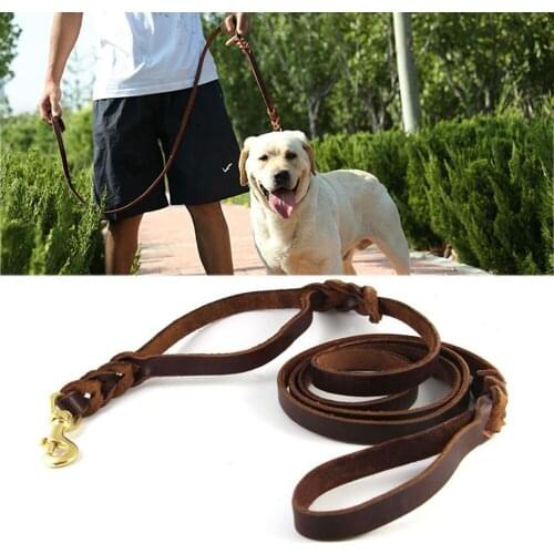 Big Dog Leash Genuine Leather Rope Leash with 2 Padded Handle Pet Training Lead with Double Handle for Large Dog Traffic Control