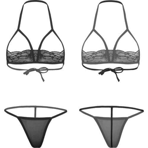 Hot Erotic Bra Set Women Sexy Lingerie Lace See-through Bikini Set Sleepwear Halter Lace-up Bra Tops with Mesh G-string Clubwear