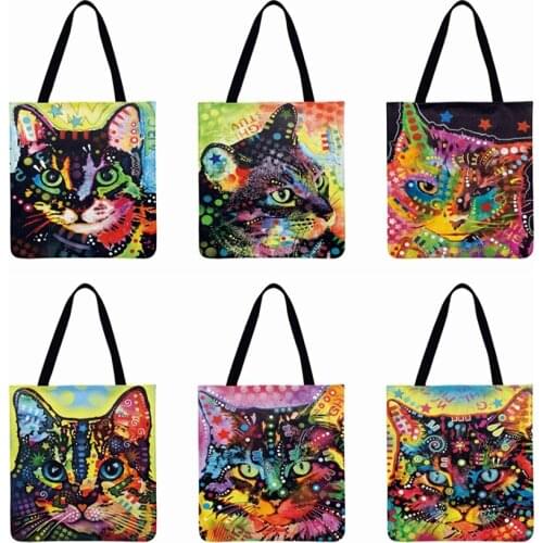 Abstract Watercolor Printed Tote Bag Neon Cat Casual Tote Linen Febric Foldable Shopping Bag Beach Bags Women Hand Bag