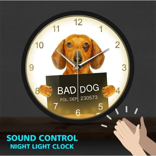 Dachshund MugShot LED Luminous Wall Clock Modern Design Metal Frame Watch Sound Control Puppy Police Bad Dog Jail Pet Shop Decor