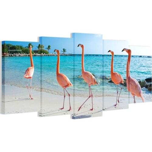 Visual Art Decor 5 Pieces Canvas Art Pink Flamingo on Aruba Island Beach Picture Fancy Teal Sea Scenery Giclee Canvas Prints Gal
