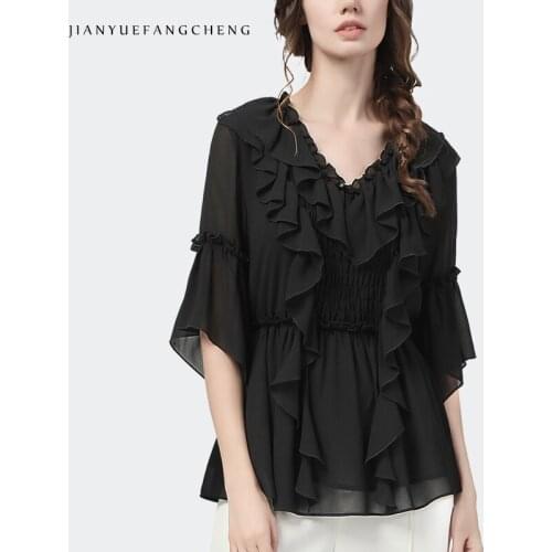 High Street 3D Ruffles Chiffon Blouse Women New 2021 Summer Tops Loose Pleated Elastic Waist V-Neck Half Sleeve Office Blouses
