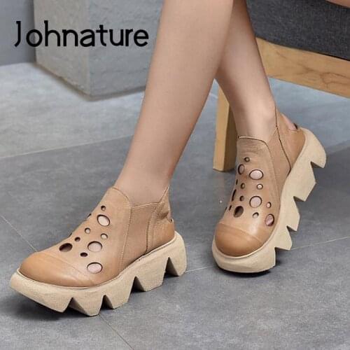 Johnature Retro Shoes Women Sandals Genuine Leather 2021 New Summer Handmade Wedges Hollow Concise Platform Ladies Sandals