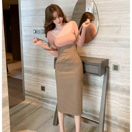 Woman Streetwear 2 Piece Set Basic Long Sleeve Shirts and Corset Sexy Suspender Skirt Sheer Slim Korean Two Piece Set for Ladie