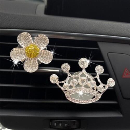 1pc shiny rhinestone crown car air outlet perfume decoration clip metal crystal flower car perfume decoration supplies