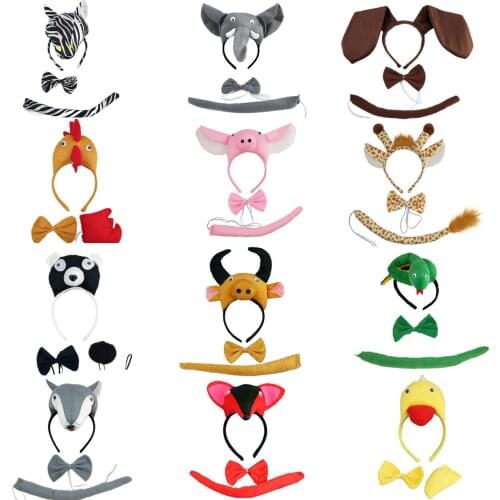 12 Pack Cartoon Plush Animal Ear Headband Tail Bow Tie Costume Set Party Halloween Christmas Elephant Zebra Dog Pig