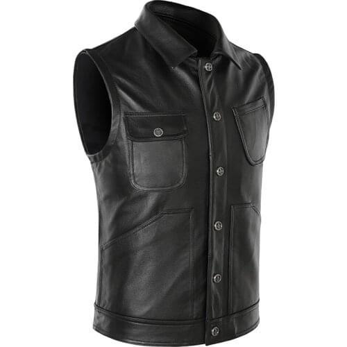 2020 Black Men Short Bikers Leather Plus Size XXXXL Single Breasted Genuine Cowhide Spring Slim Fit Motorcycle Vest