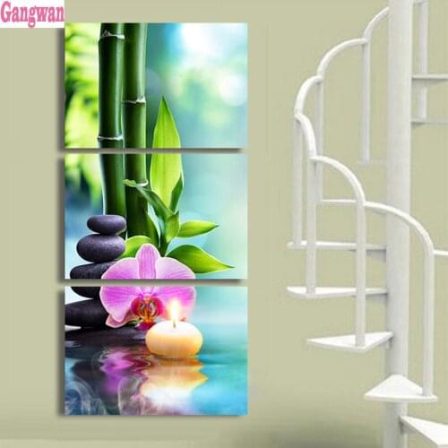 Full drilling Diy 5d Diamond Painting Bamboo stones candle orchid Pattern Diamond Embroidery Full round Diamond 3 pcs home decor