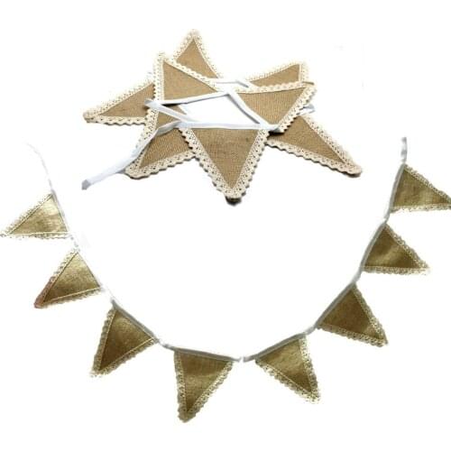 8 Flags 1.6m Vintage Jute Lace Garland Banner Handmade Rustic Burlap Cord Jute Rope Bunting flags Christmas Wedding decoration