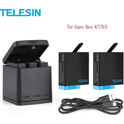 TELESIN 2 Battery Pack + 3 Slots Battery Charging Box 2 in 1 Type-C USB Cable for GoPro Hero 8 7 6 5 Black Camera Accessories