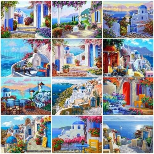 DIY 5D Diamond Painting Aegean Sea Scenery Full Drill Mosaic Picture Diamond Embroidery Greece Seascape Picture Home Decor Gif