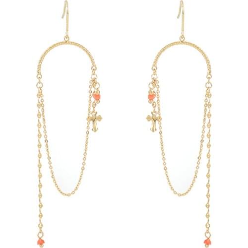 925 silver needle Exaggerated metal earrings long gold plated Chain Ear Rings Vintage Palace Style cross earrings women