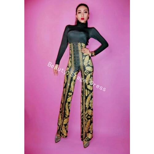 Fashion Gold Leaves Pattern Jumpsuit Rhinestones One Piece Big Legs Stretch Costume Womens Party Rompers Stage Singer Bodysuit