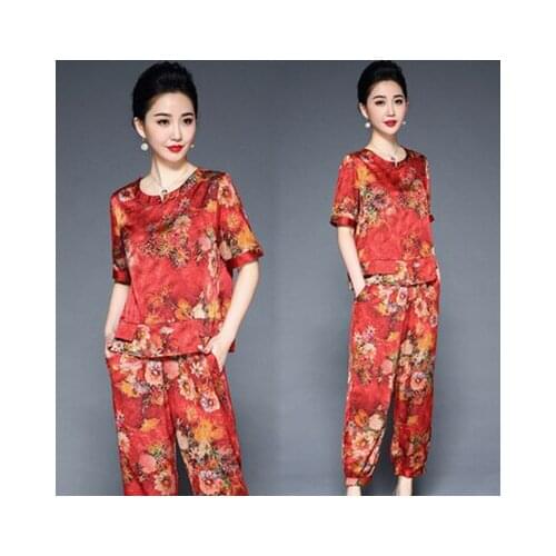 2020 New Summer Women Casual Print Sets Two-piece Faux Silk Suit Women Fashion Plus Size Shirt Bloomers Two-piece HK285