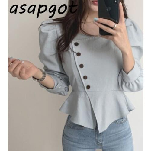 New Chic Korean Fashion Temperament Square Neck Puff Long Sleeve Ruffles Women Blouses Slim Waist Oblique Single Breasted OL