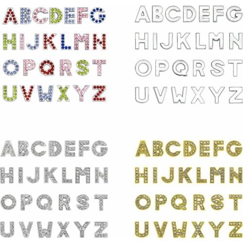 26Pcs/Lot 10mm Full Rhinestone Plain Bracelet Slide Letters A-Z Silver Gold Color DIY Pet Collar Wristband Charms Women Men